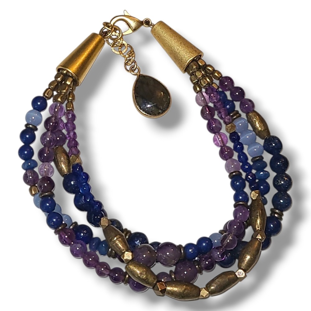 Multi Strand Gemstone Glass Bead Bracelet Purple Blue Gold Tone Adjustable 8.5"